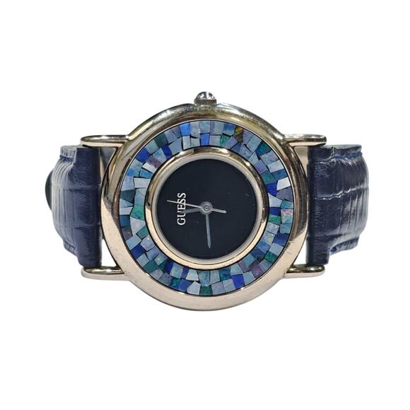 ⌚ Vintage GUESS Watch Opal Mosaic Bezel - Stainless Steel Blue Leather - Picture 1 of 5
